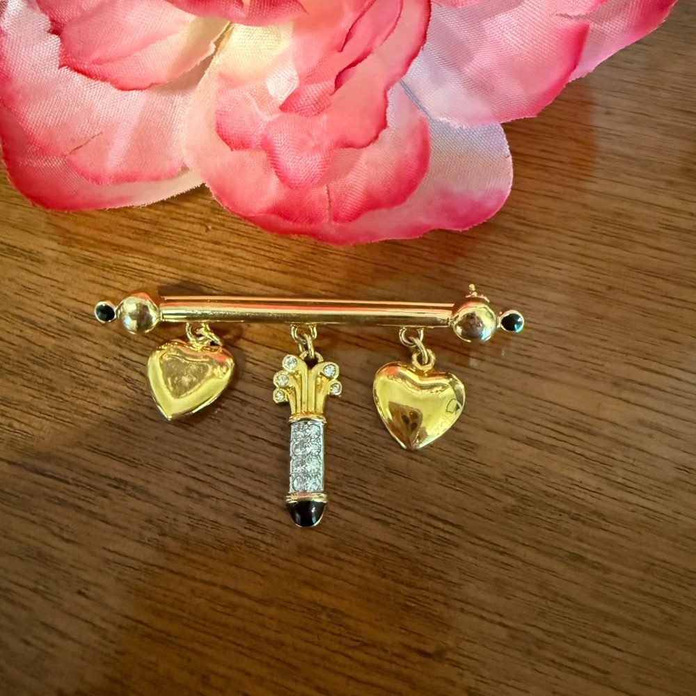 Gold-tone Rhinestone Hearts Charm Golf Clubs Brooch